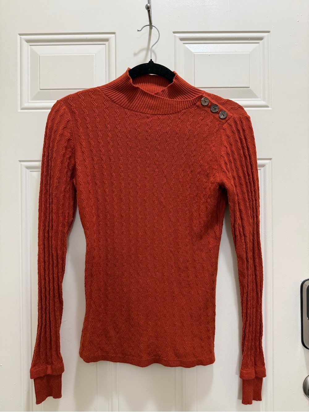Prana Rust Cable Knit Mock Neck Sweater with Shoulder Buttons